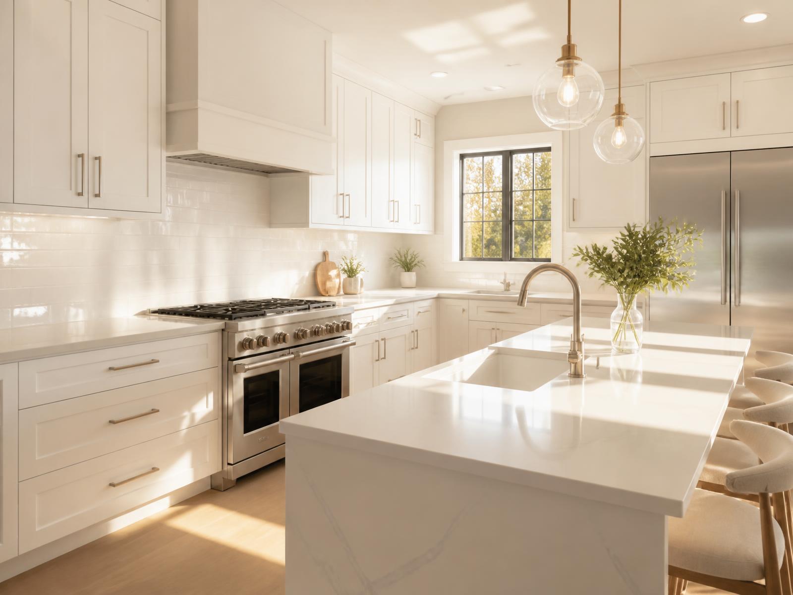 Bright, freshly cleaned kitchen with gleaming counters and natural light