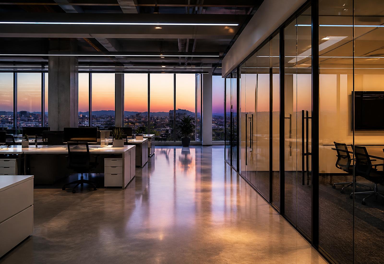 Clean, modern open-plan office with polished floors after hours