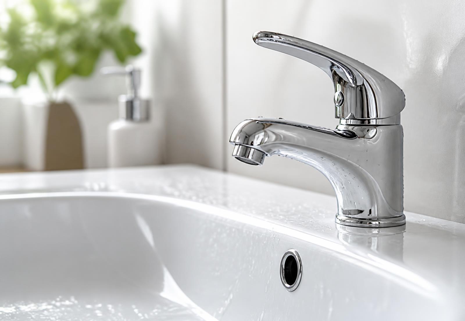 Detail of a freshly cleaned bathroom sink and polished chrome fixture