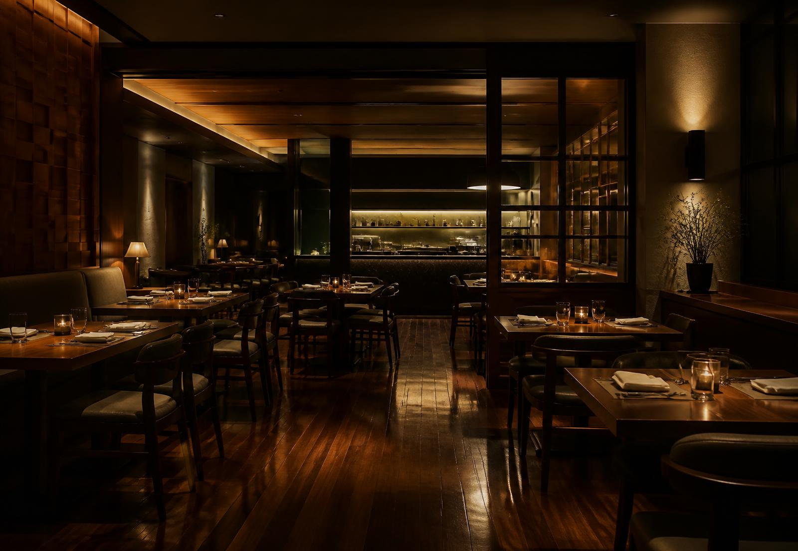Empty restaurant dining room after closing with clean floors and set tables